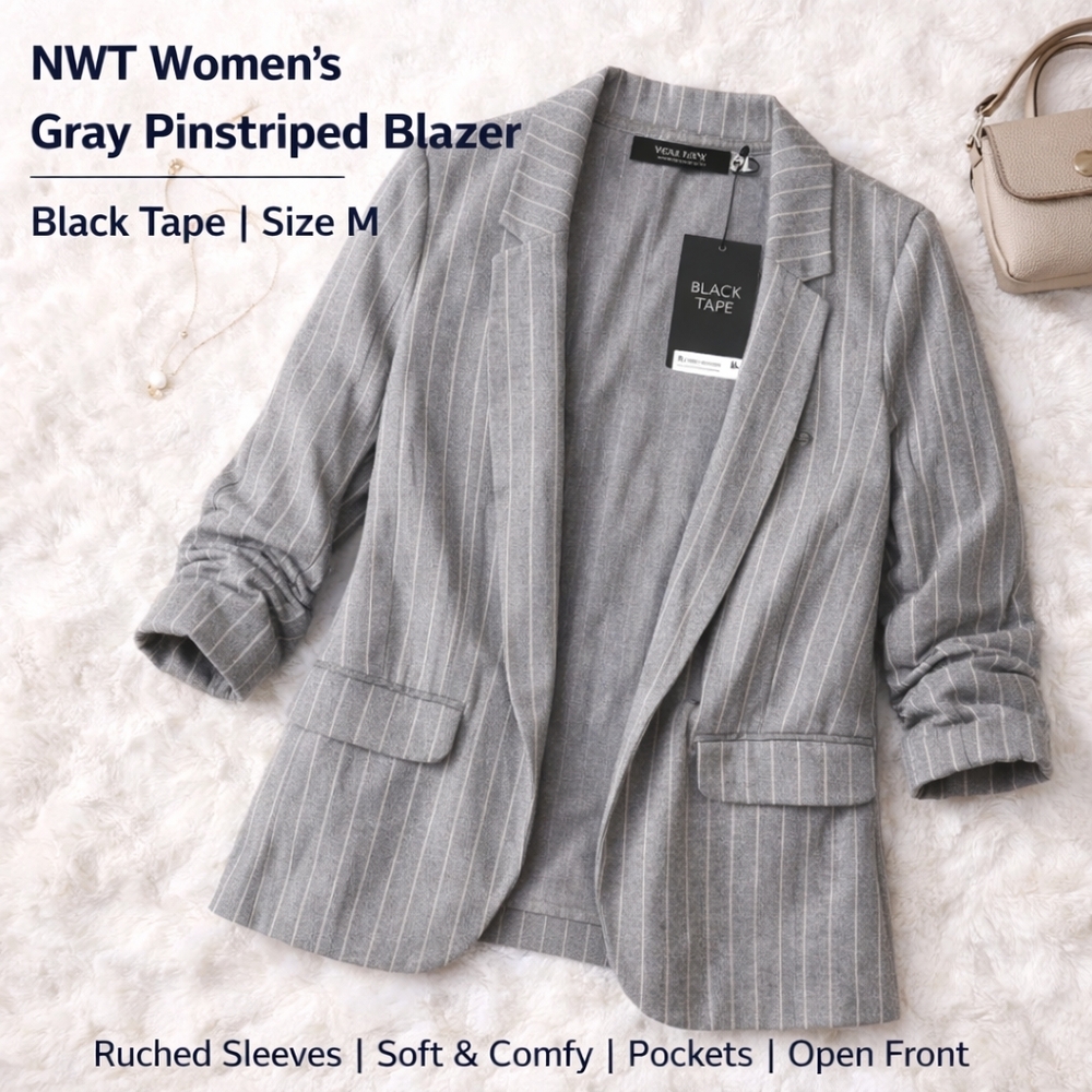 NWT Black Tape Gray Pinstripe Blazer – Ruched Sleeves, Size M